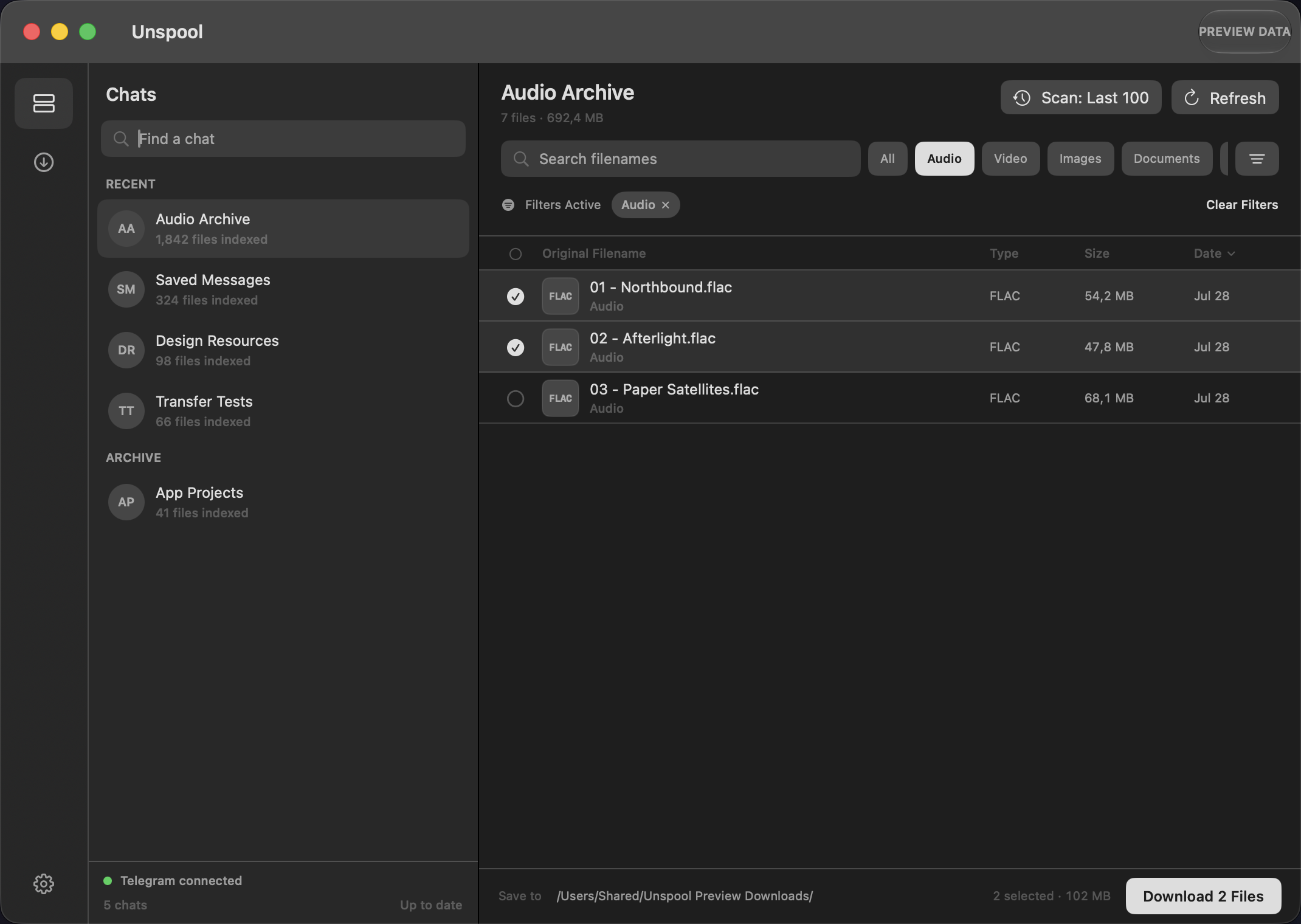 Unspool Browse view with the Audio category and filter token active, showing only synthetic FLAC attachments