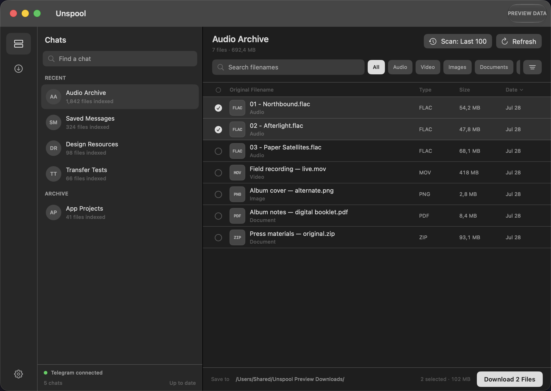 Unspool Browse view with synthetic attachments