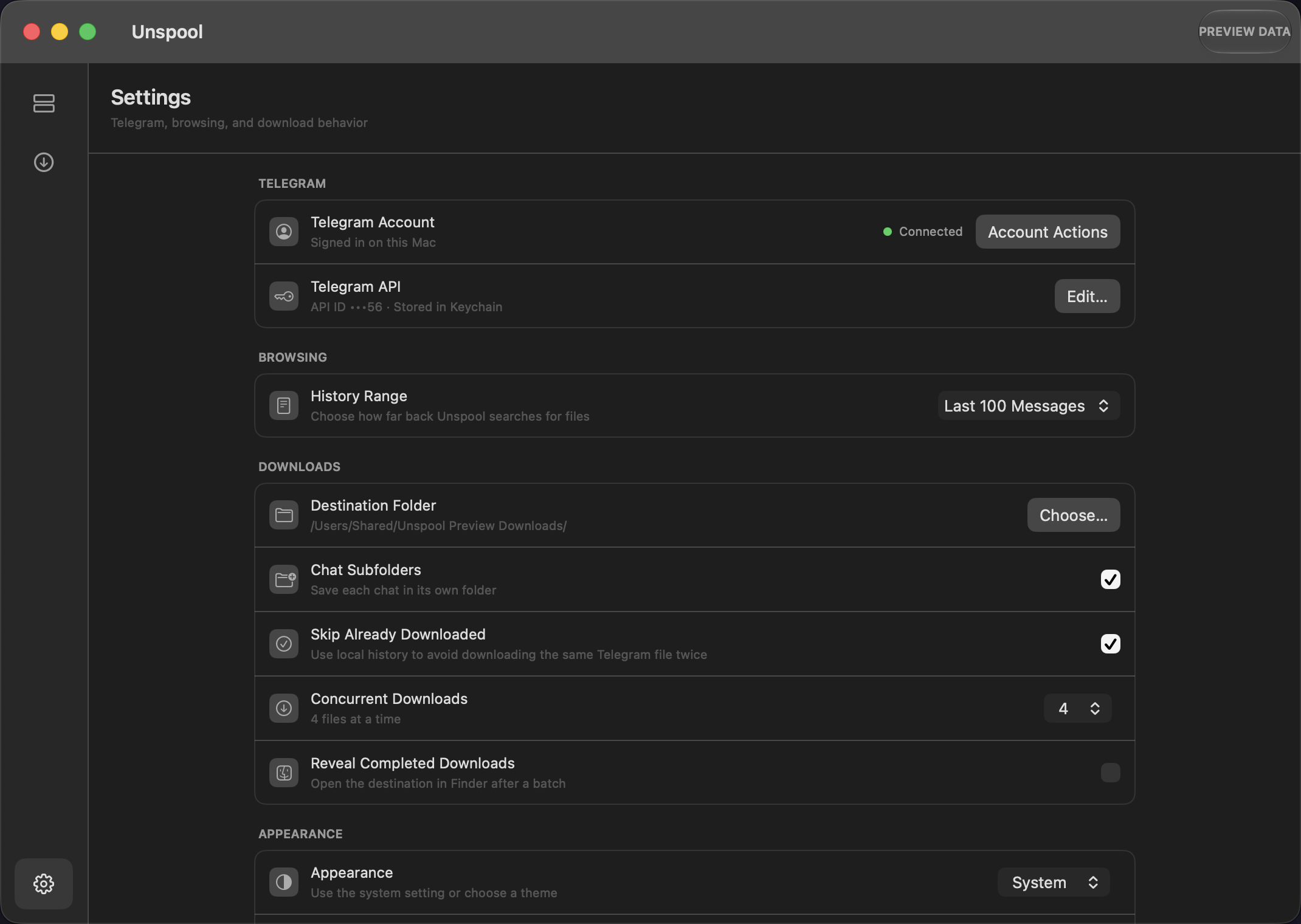 Unspool Settings showing synthetic Telegram status, history range, destination, concurrency, and appearance controls
