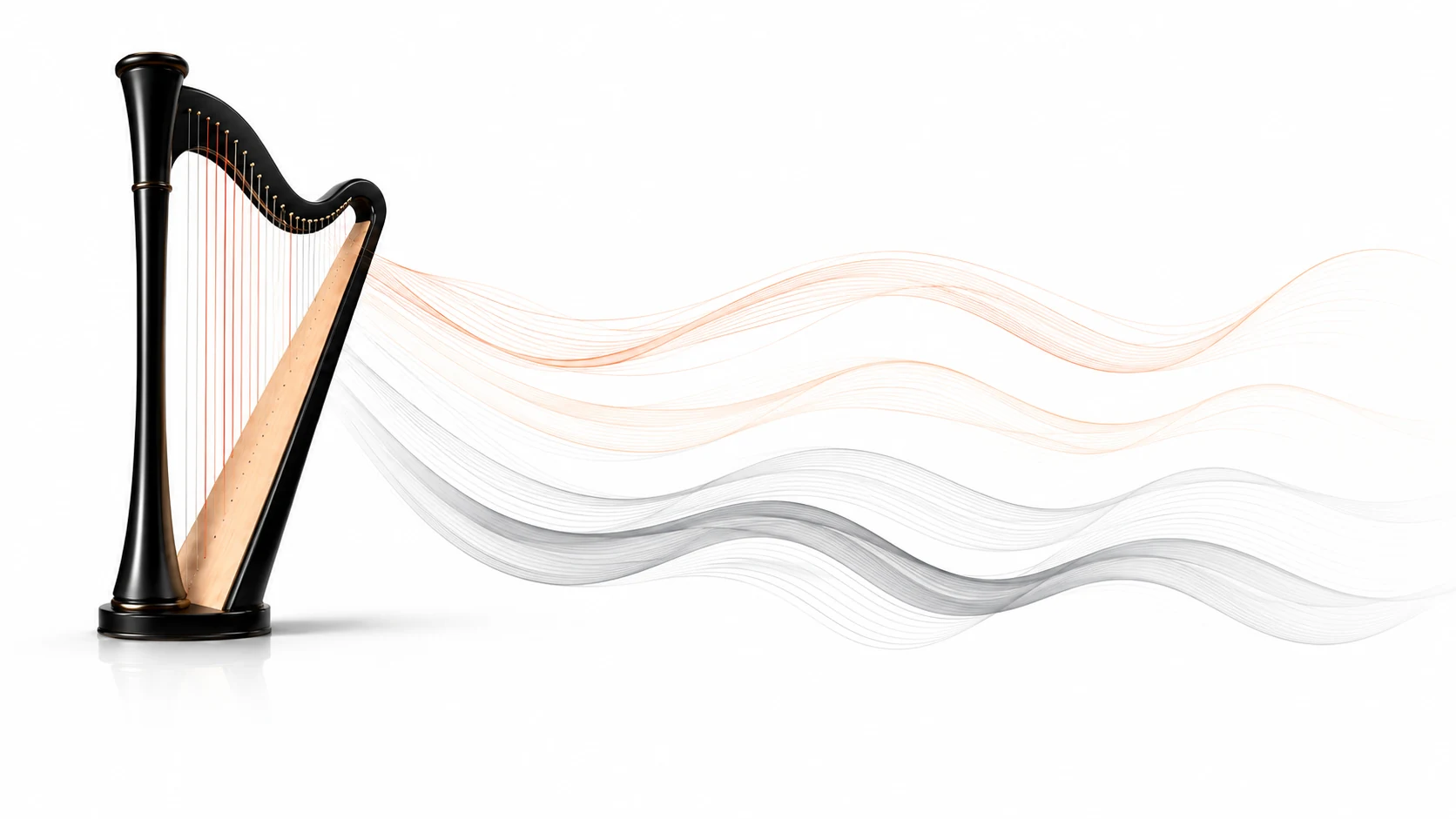 A harp with sound waves streaming from its strings; highlighted orange strands represent HARP's prioritized frequency bands