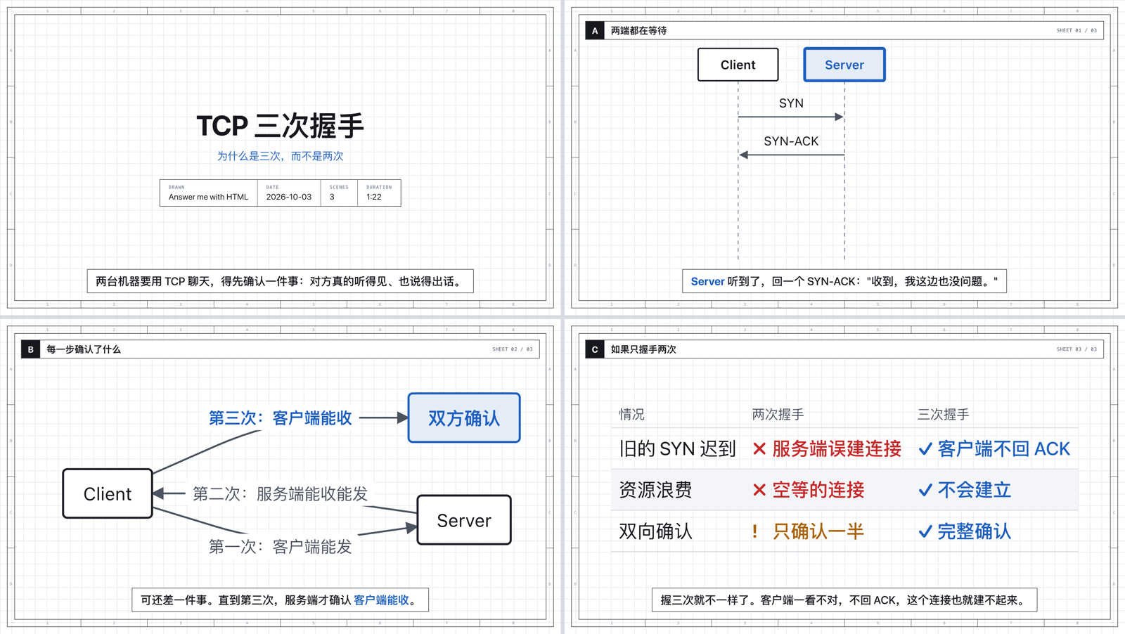 blueprint 风格解释视频中的四帧：片头、高亮 Server 的时序图、流程图、对比表