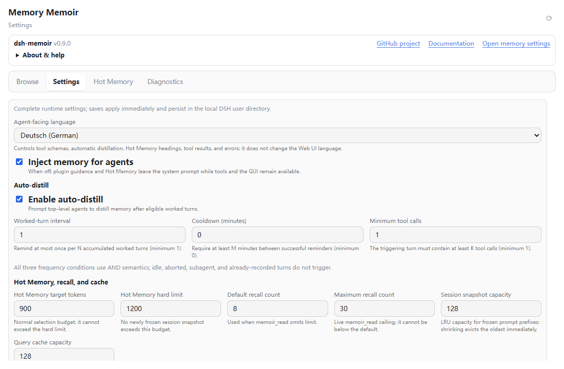 0.9.0 UI preview: German agent copy selected in the English GUI
