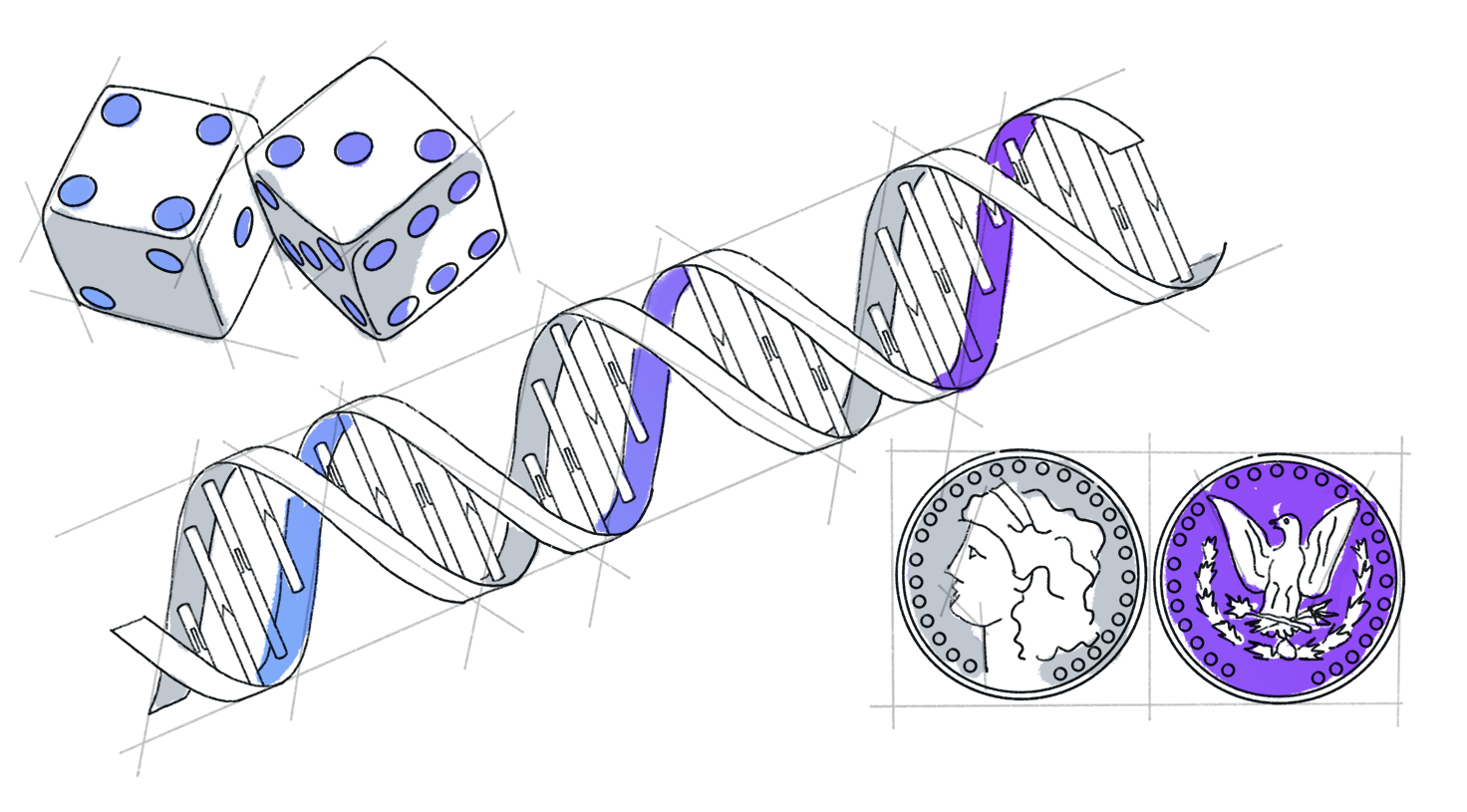 Illustration of dice, a DNA helix, and coins.
