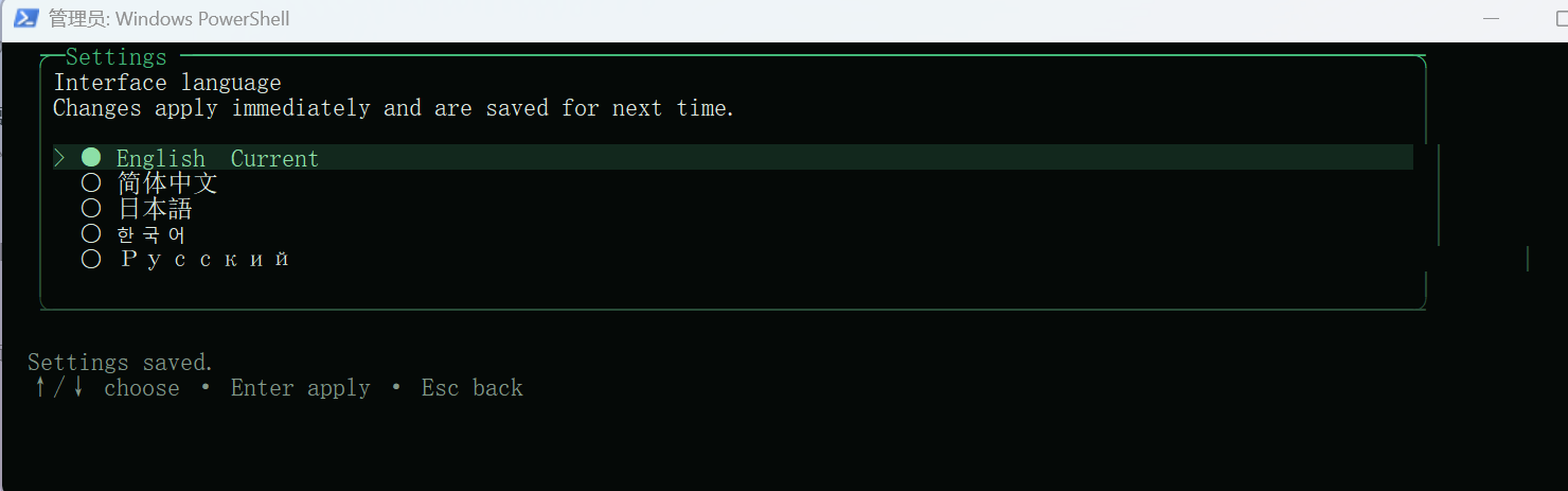 Five interface languages in settings