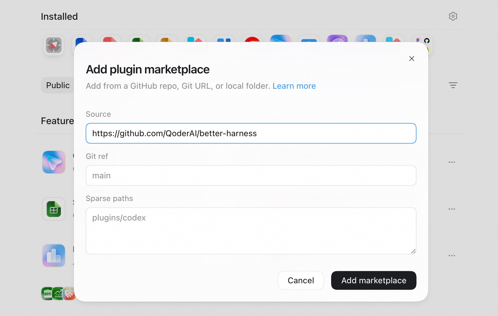 Codex Add plugin marketplace dialog with repository, Git ref, and optional sparse paths