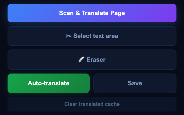 Popup buttons: Scan & Translate Page, Select text area, Eraser, Auto-translate