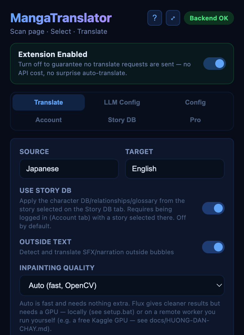 MangaTranslator Extension popup