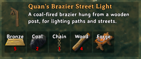 Build-menu card: 5 Bronze, 2 Coal, 1 Chain and 4 Wood at a Forge