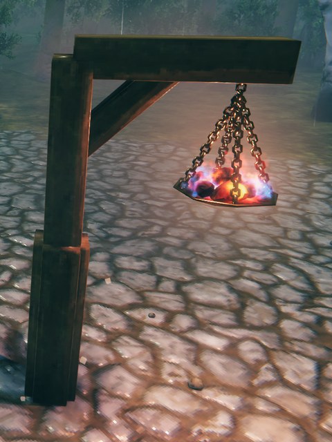 Quan's Brazier Street Light: a coal brazier hung from a wooden post and arm