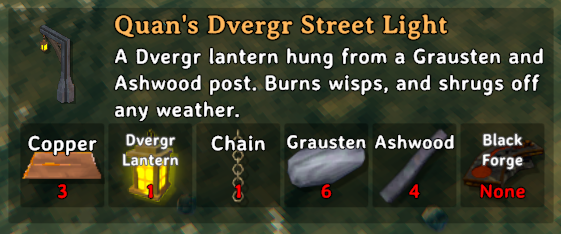 Build-menu card: 3 Copper, 1 Dvergr Lantern, 1 Chain, 6 Grausten and 4 Ashwood at a Black Forge