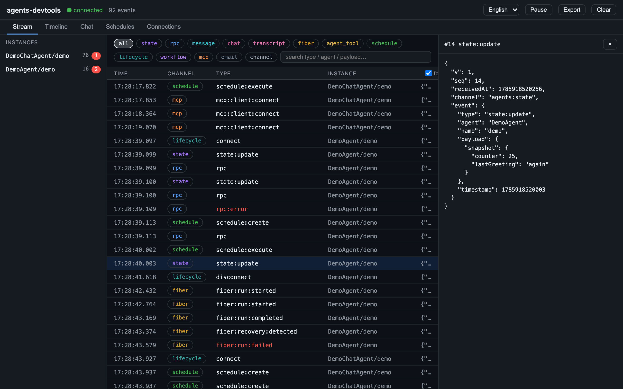 Stream tab — the real-time event stream with channel filters and a payload inspector
