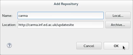 Add a name, and set the location to http://carma.inf.ed.ac.uk/updatesite