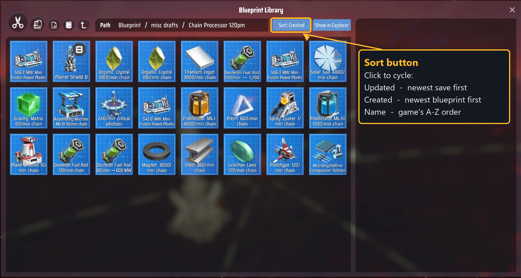 Blueprint Library with the Sort button