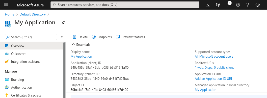 Azure Active Directory - App registrations - My Application