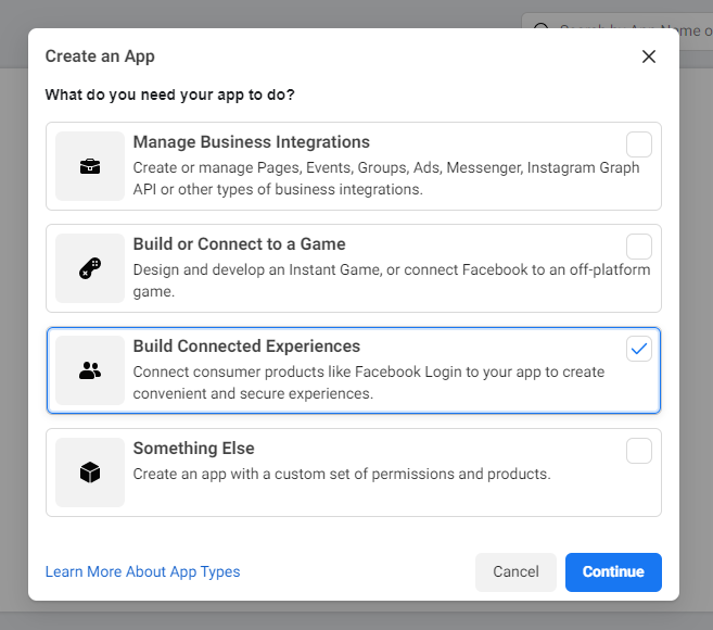 Facebook Developers - New App - App Type
