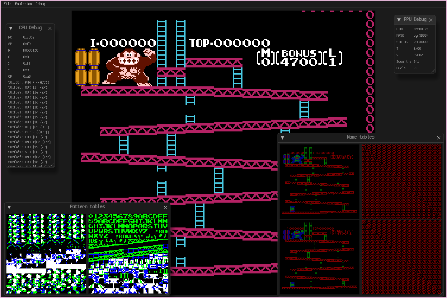 A screenshot of Nemu running Donkey Kong with debugging utilities