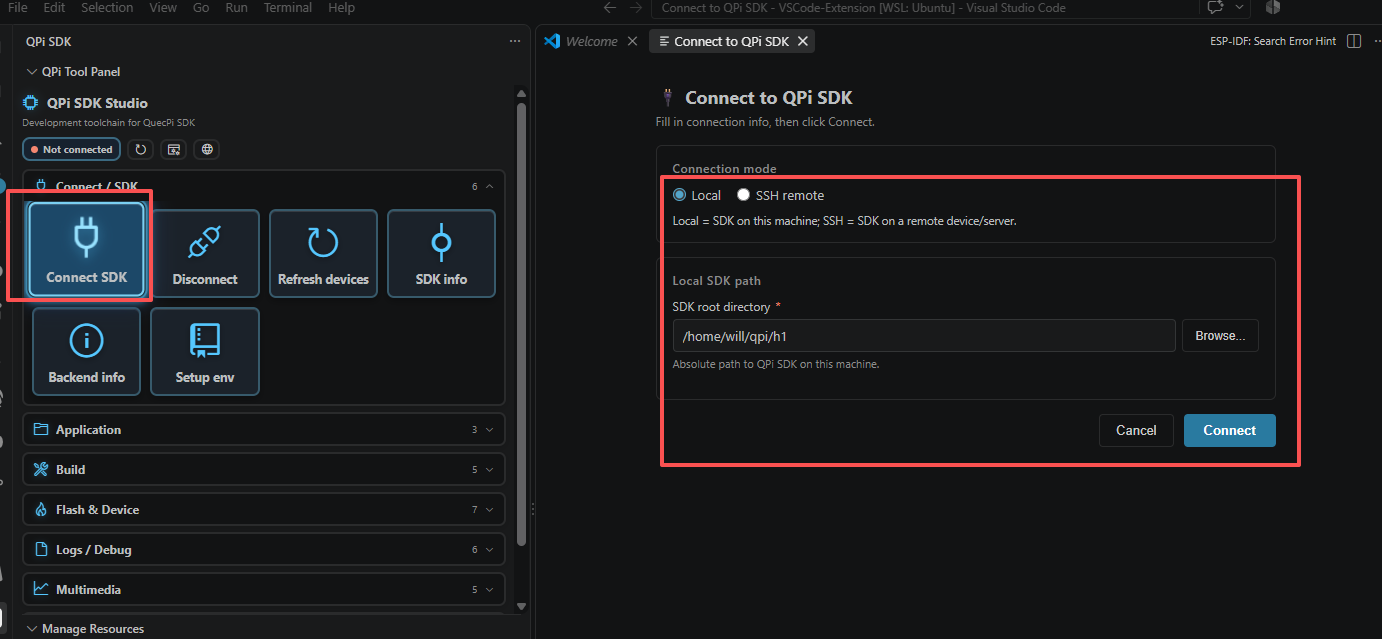 The Connect to QPi SDK form
