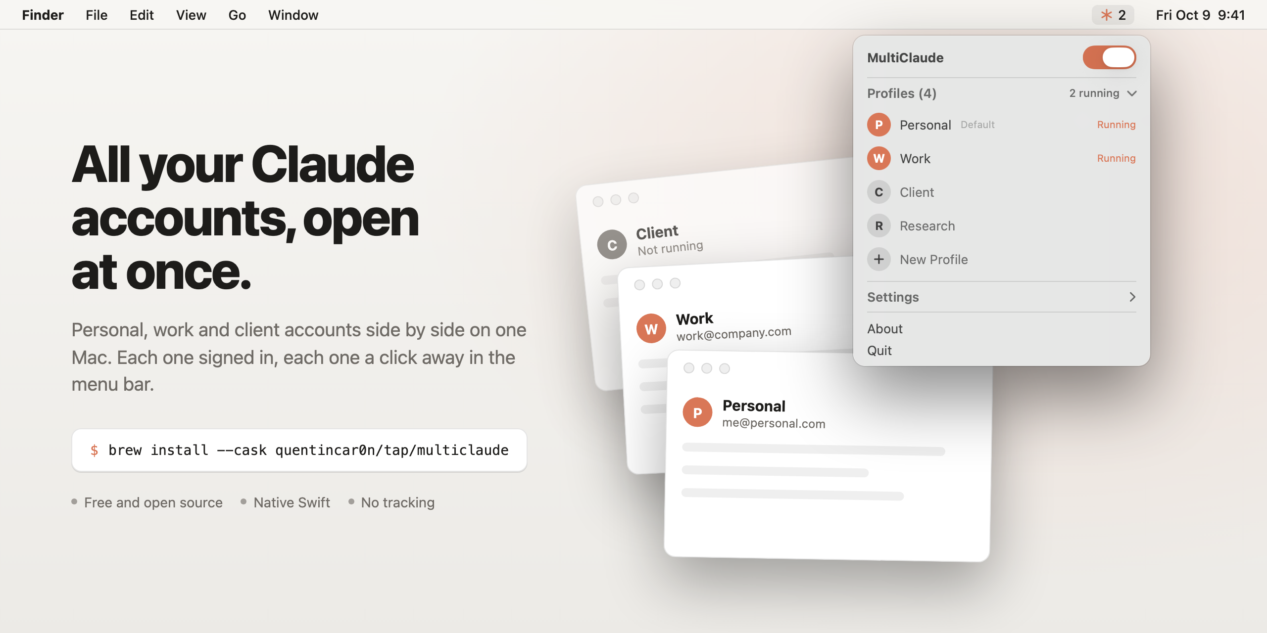 MultiClaude: all your Claude accounts, open at once. The menu bar panel lists Personal, Work, Client and Research profiles, with Personal and Work running.