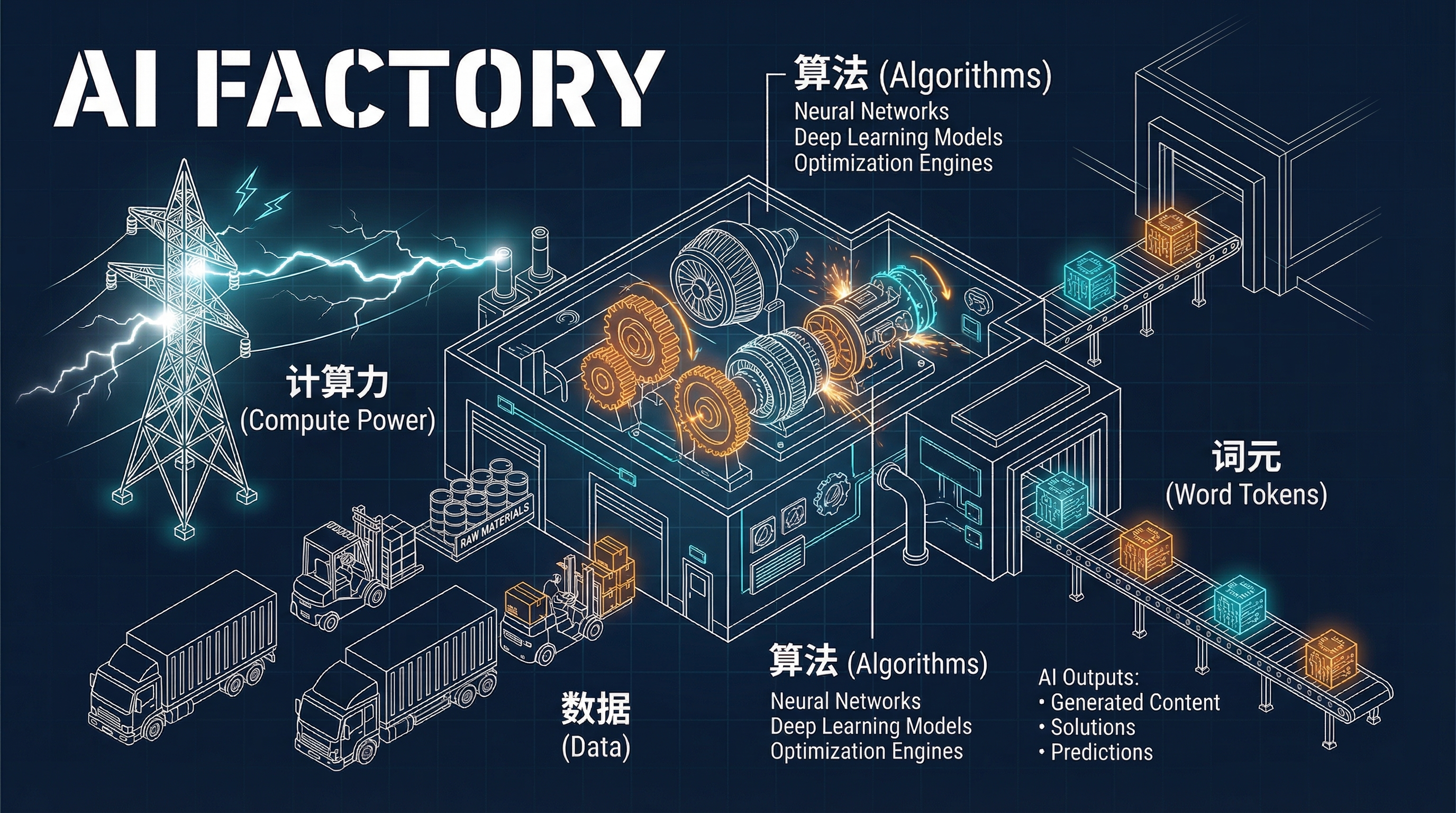 AI 工厂框架：算力=电力, 算法=引擎, 数据=原材料