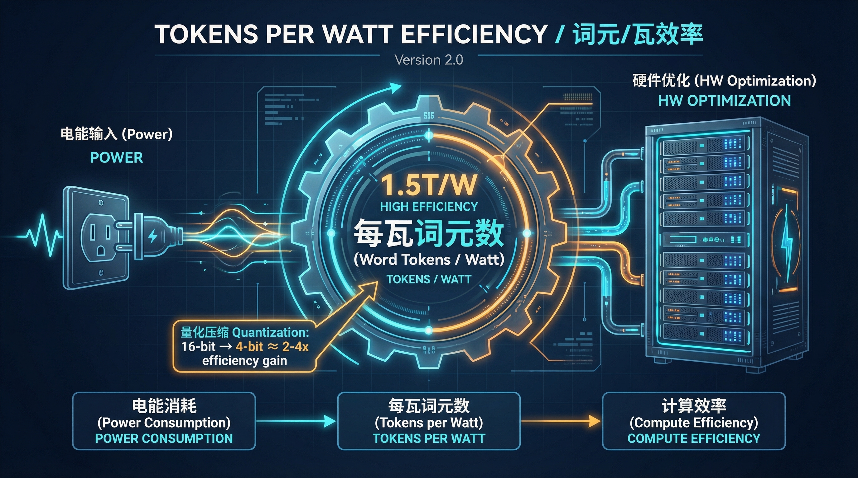 每瓦特词元效率指标：量化压缩 16-bit → 4-bit，约 2-4 倍效率提升