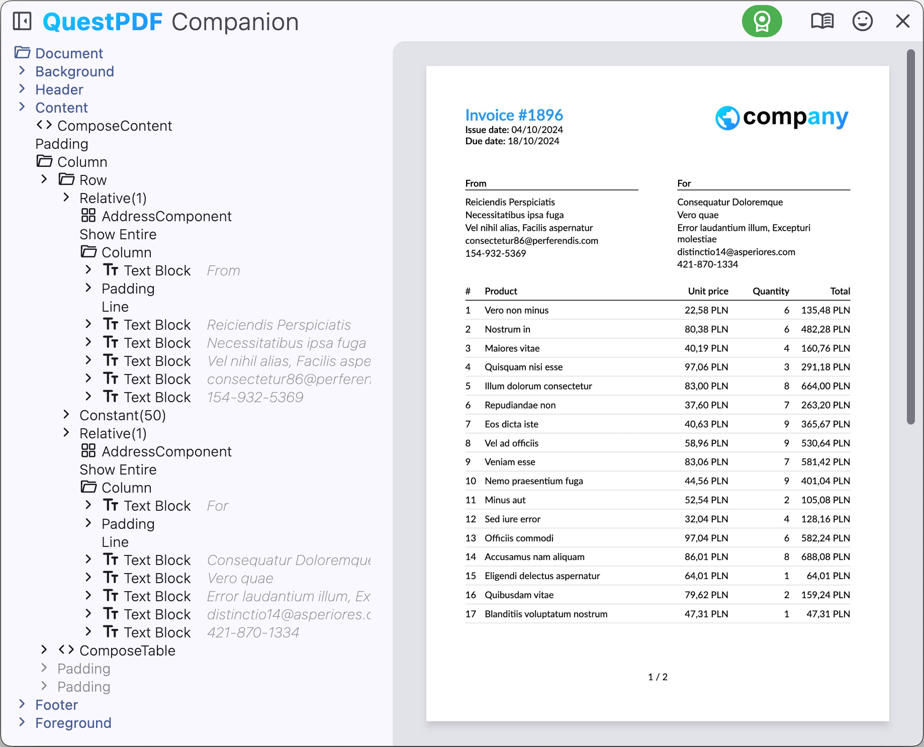 Screenshot showing the QuestPDF Companion App
