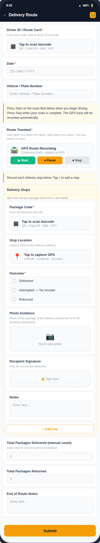 Delivery Route form preview