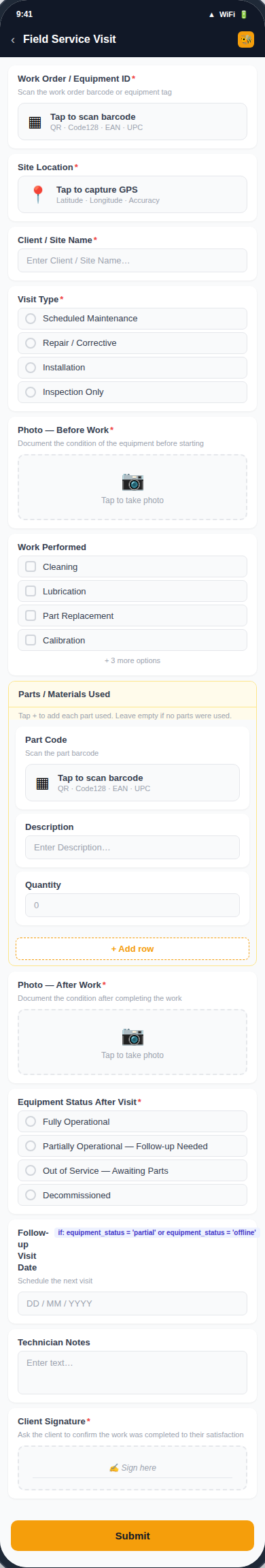 Field Service Visit form preview