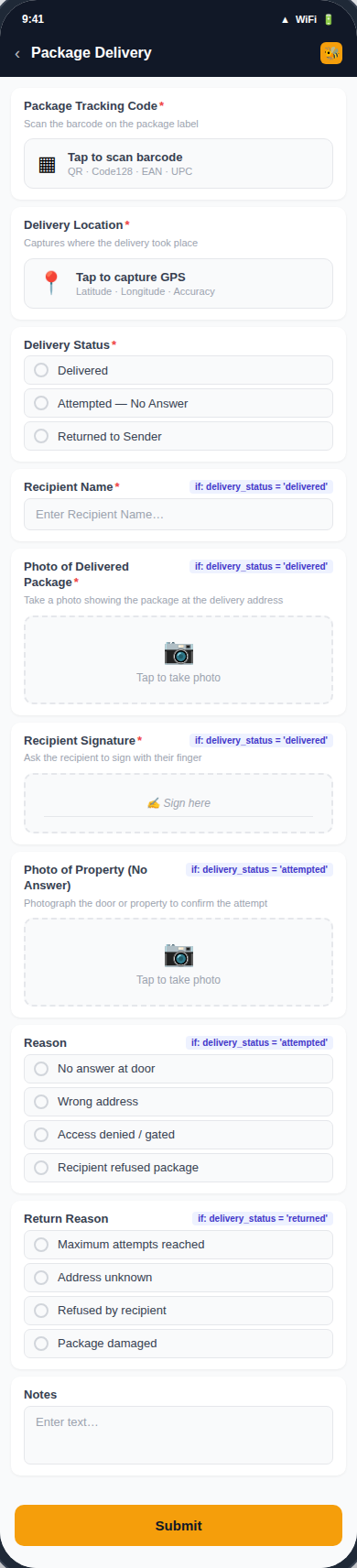 Package Delivery form preview