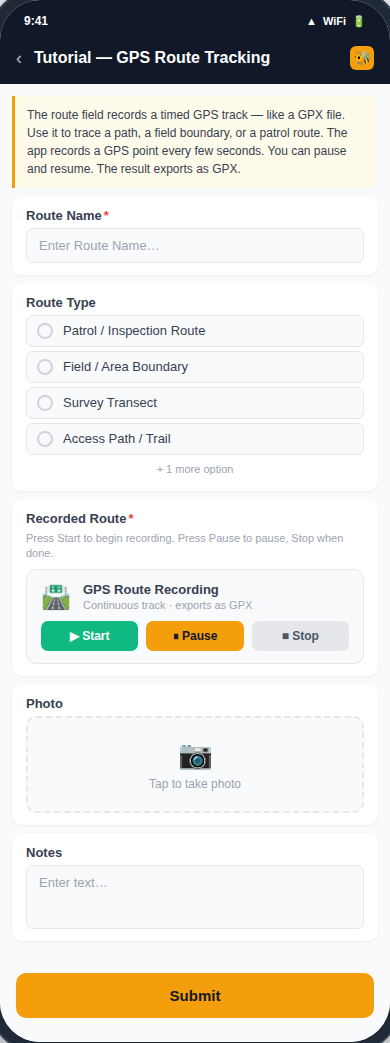 Route Tracking form preview