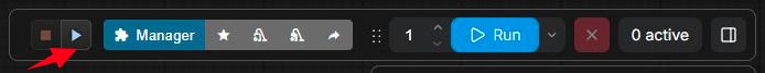 ComfyUI toolbar with a red arrow pointing to the blue Resume button
