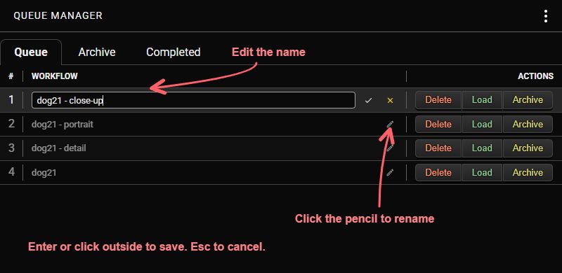 Dark-mode Queue Manager with arrows pointing to the rename pencil and inline name editor