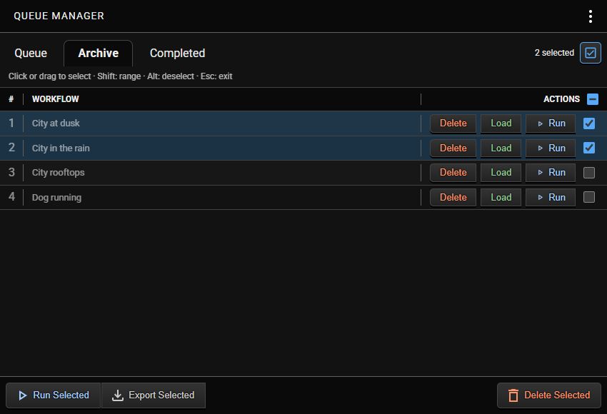 Dark-mode Archive selection after running one job, with two remaining jobs selected and individual Run buttons available