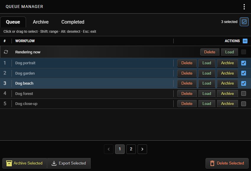 Dark-mode Queue selection with individual actions, three selected jobs, and enabled paging