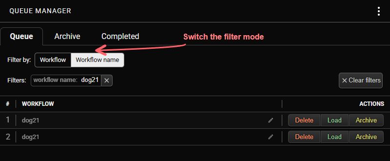 Dark-mode Queue Manager with an arrow highlighting the Workflow / Workflow name filter switch