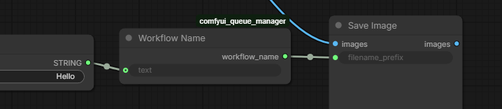 A string containing Hello connected through Workflow Name to Save Image's filename_prefix