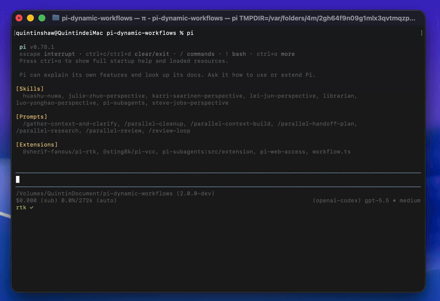 A workflow fanning a task out across subagents in Pi and streaming live progress