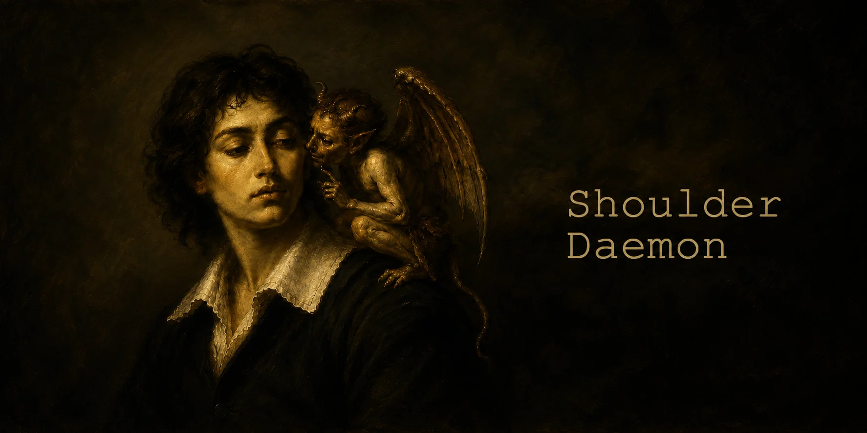A dark oil painting: a young person in a white collar looks away, while a small winged daemon perched on their shoulder leans in to whisper in their ear.