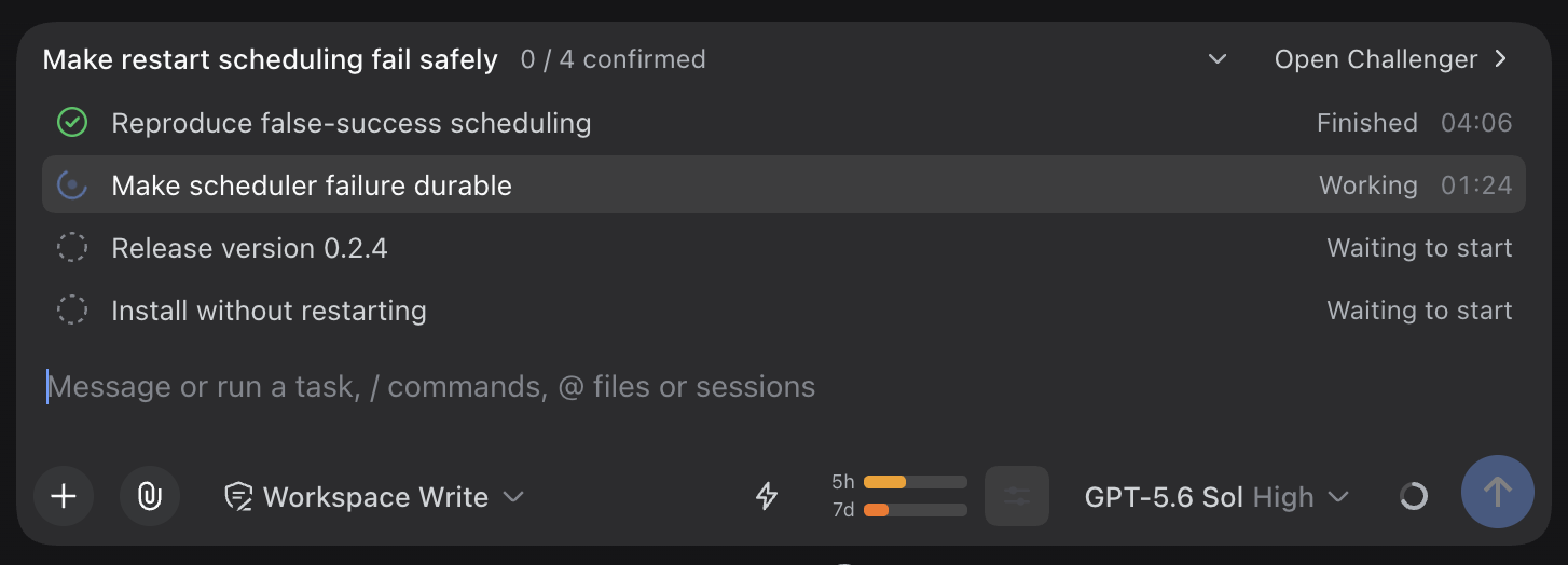 The plan card for a running plan: one Finished row, the Working row with its timer, two Waiting rows, and the composer below