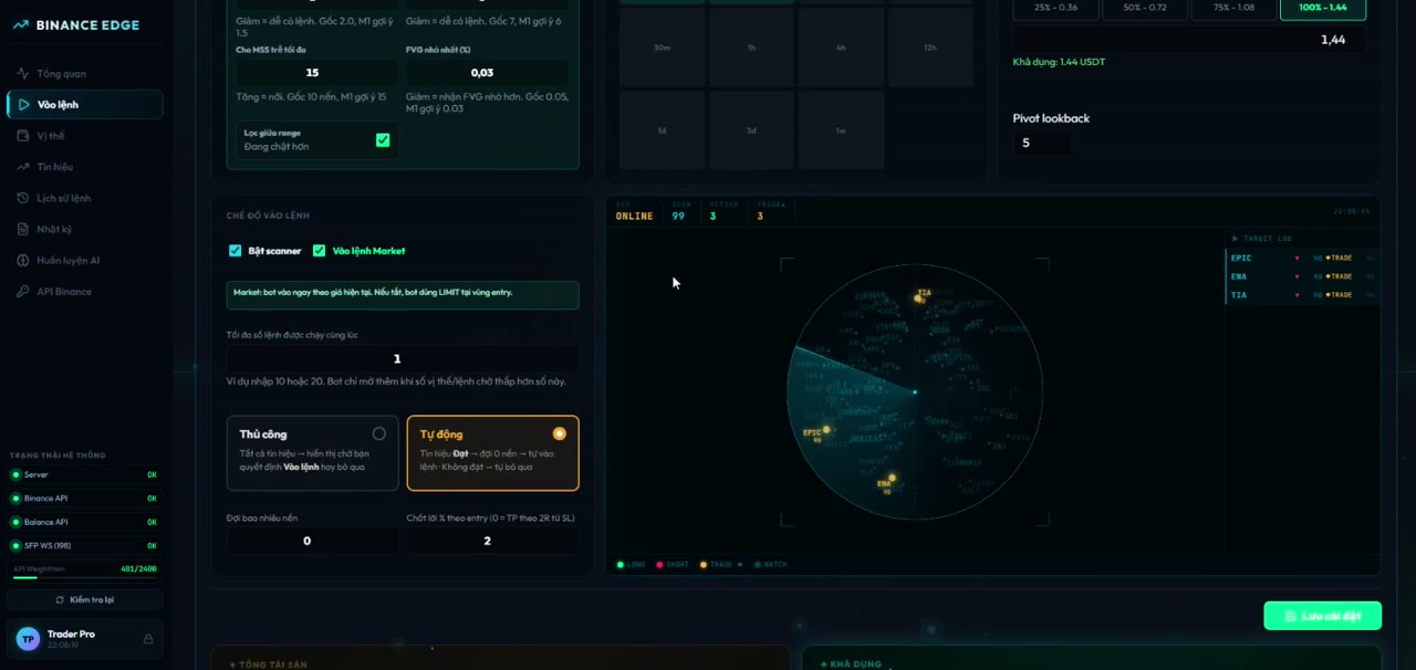 Strategy settings and radar
