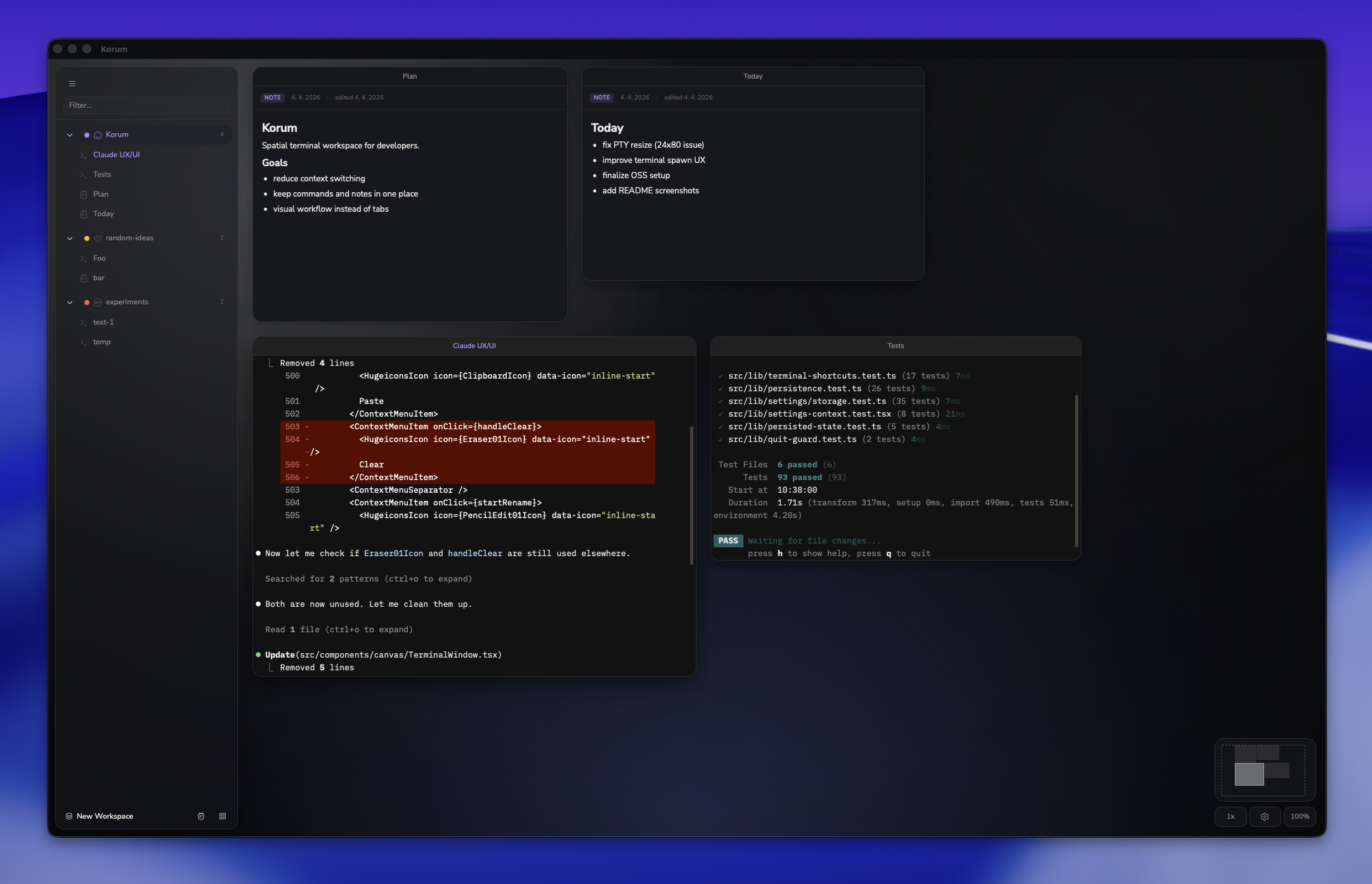Korum workspace with terminals and notes
