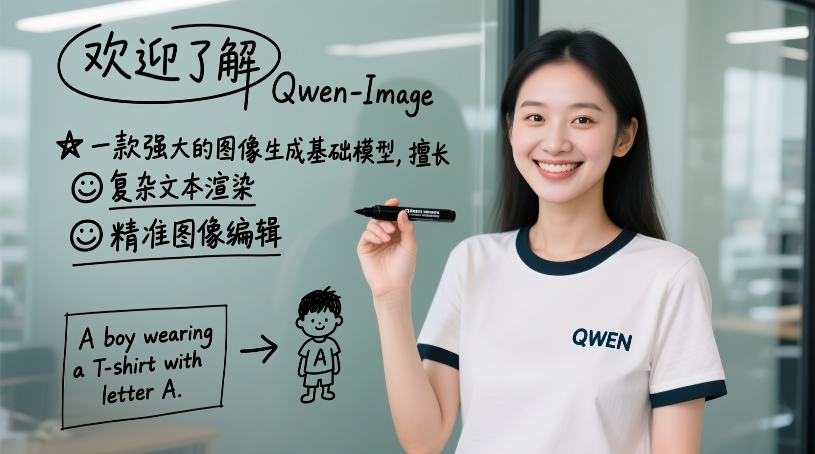 Qwen's own teaser image: a person at a glass wall covered in handwritten Chinese marker lettering that reads as a legible product description, next to a plain white T-shirt with QWEN on it