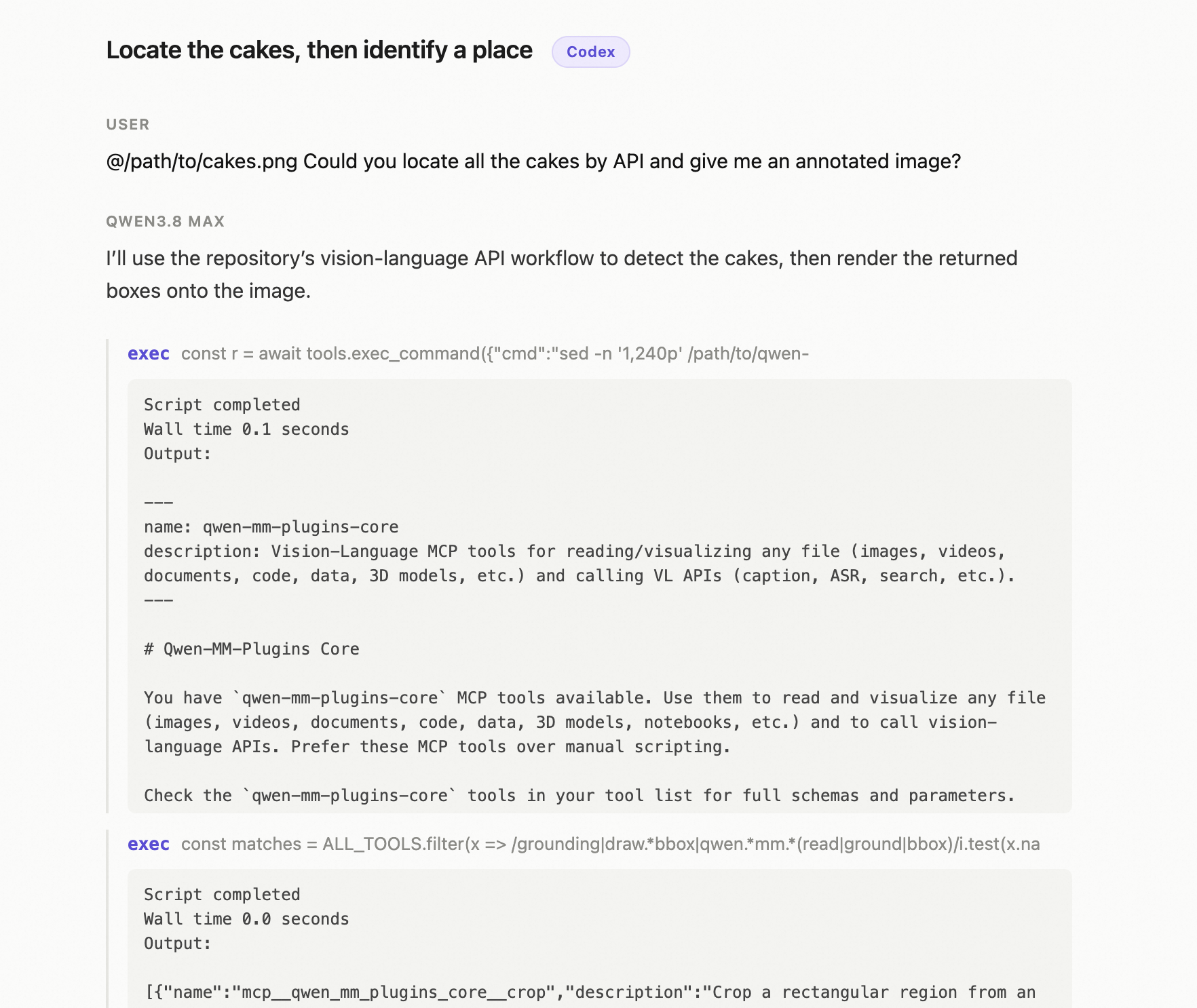 Codex trace — cake detection + place identification