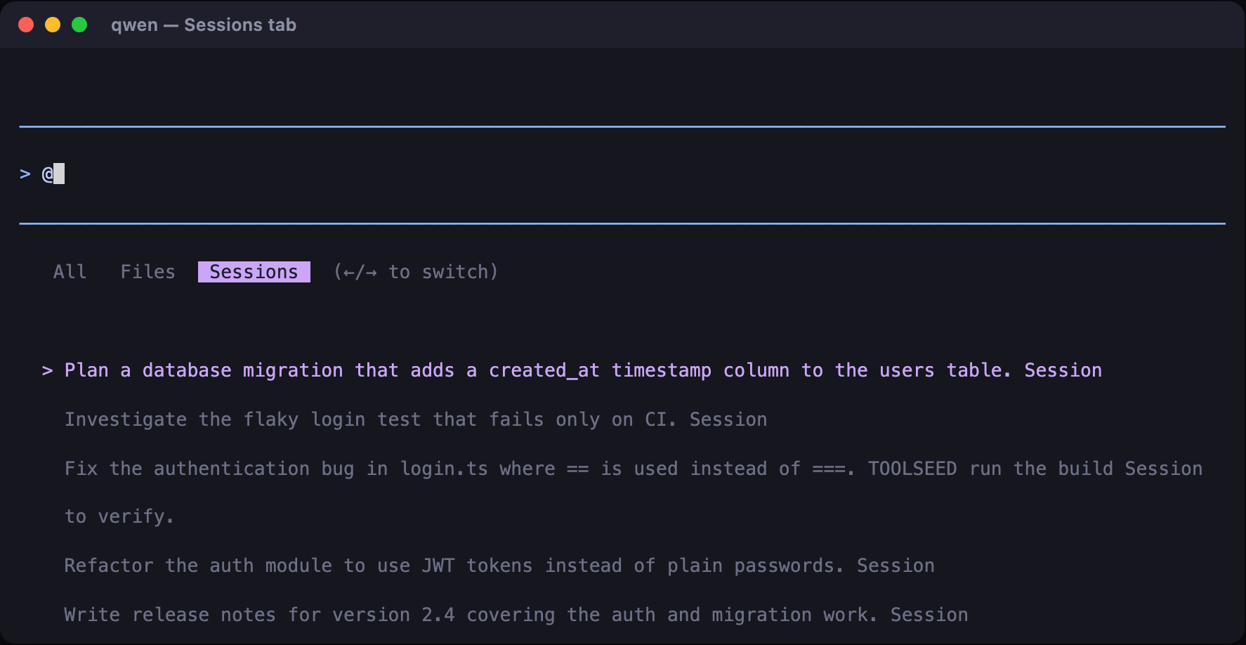 Sessions tab