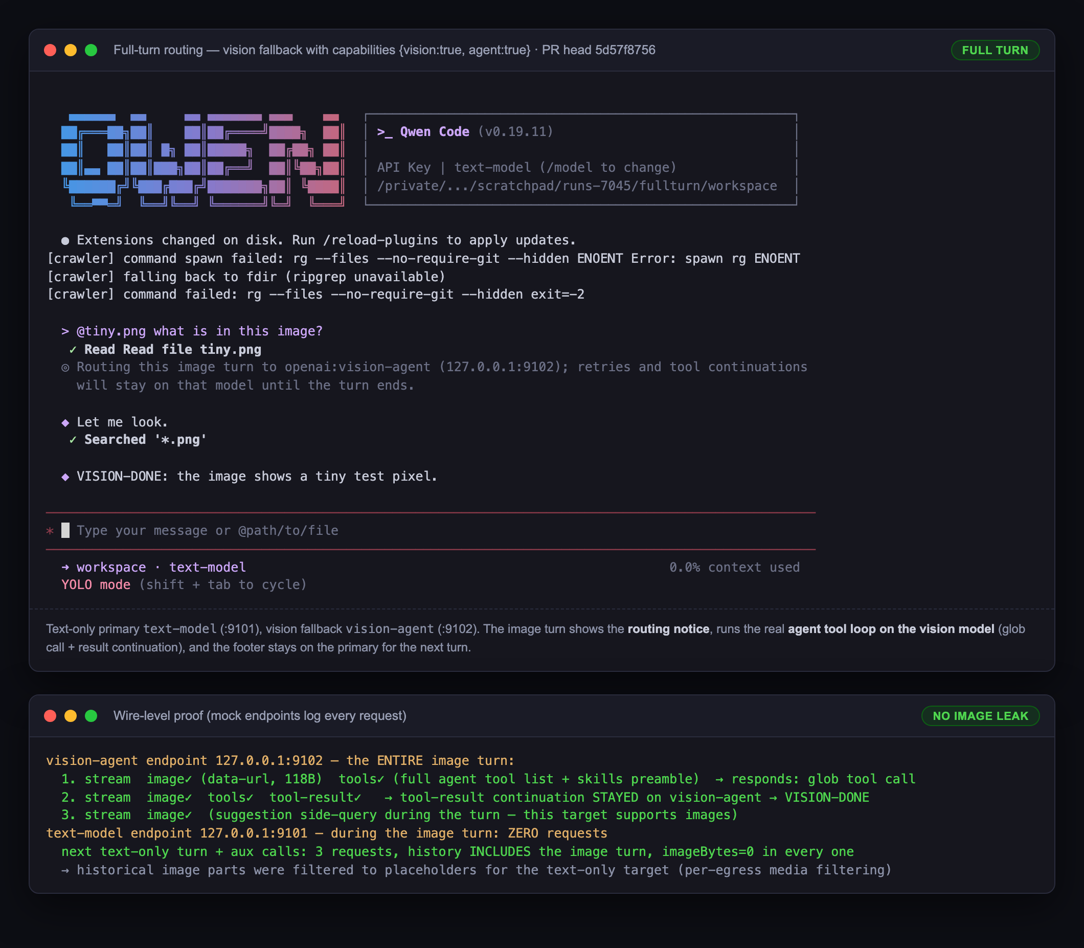Full-turn routing E2E — UI + wire-level proof