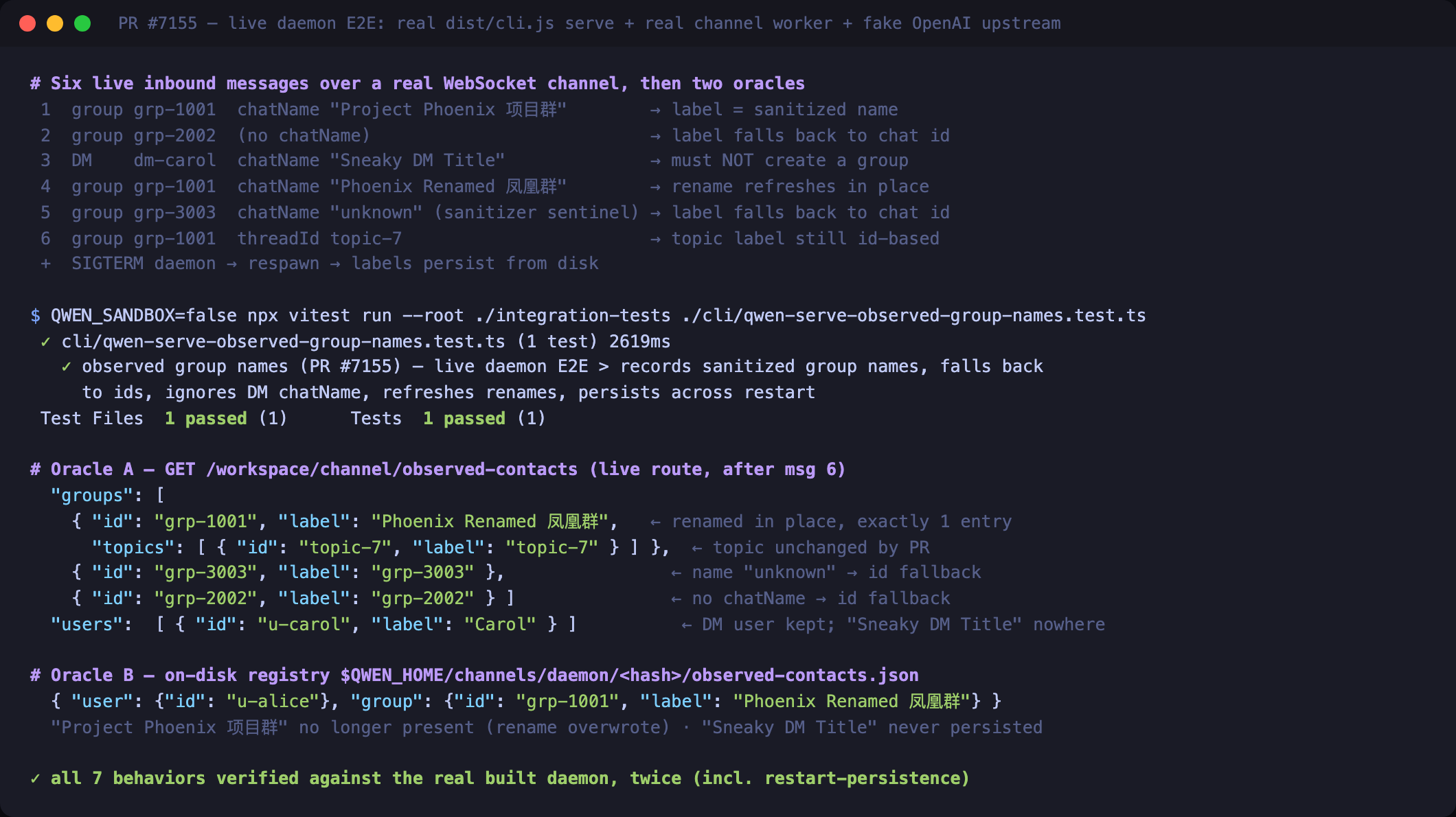 Live daemon E2E: six inbound messages, route + on-disk oracles