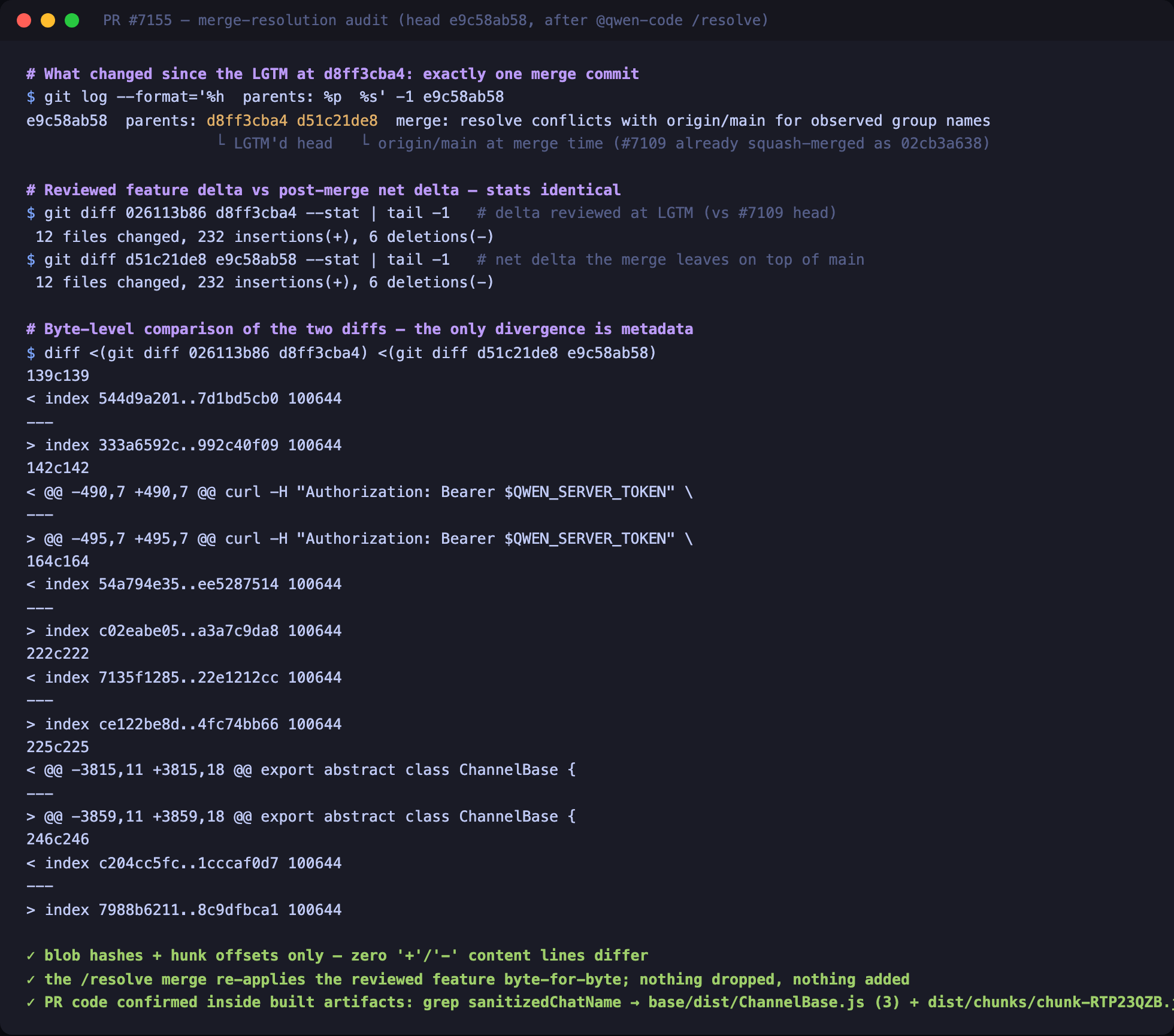 Merge-resolution audit: identical stats, metadata-only diff-of-diffs