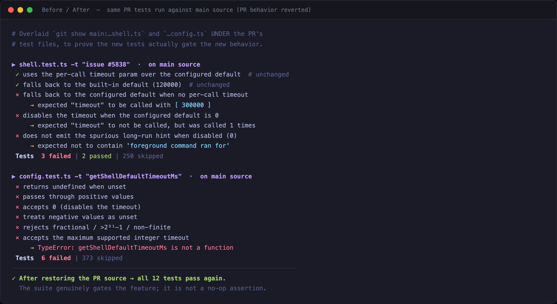 before/after — same tests fail on main source