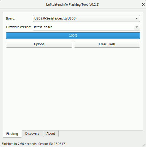 Flashing is finished, take a note of the sensor ID (here: 1596171)