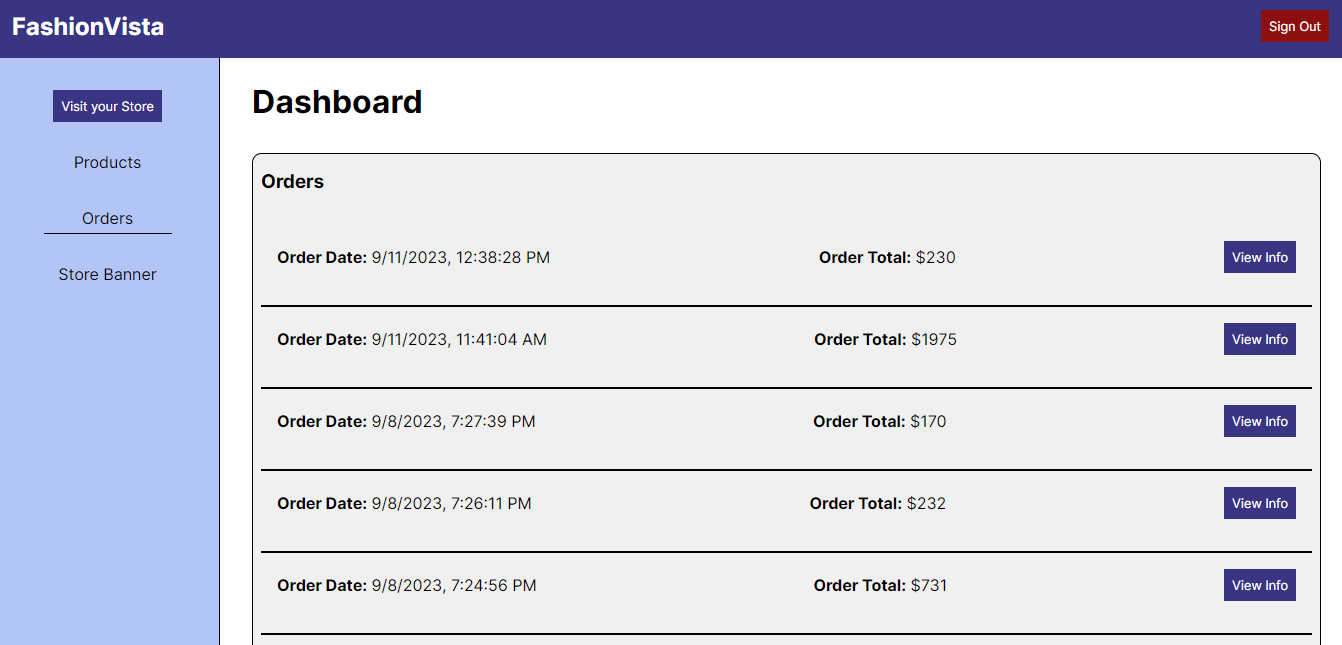 Screenshot of the orders tab