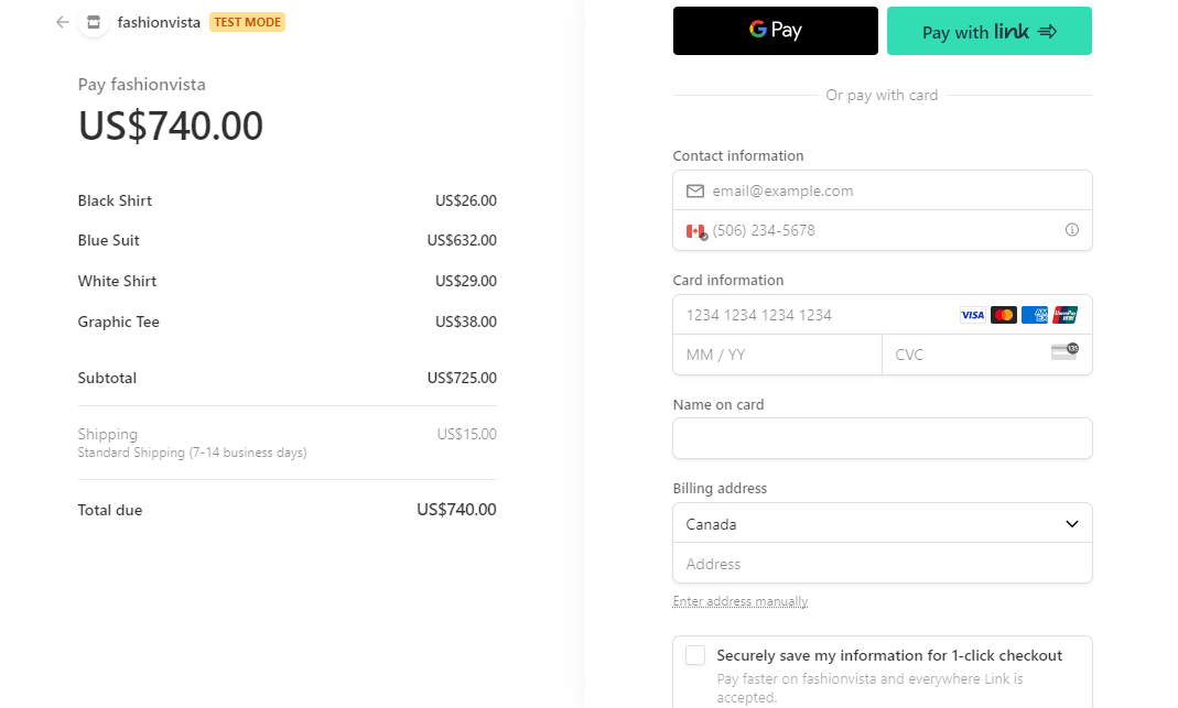 Screenshot of the Stripe checkout page